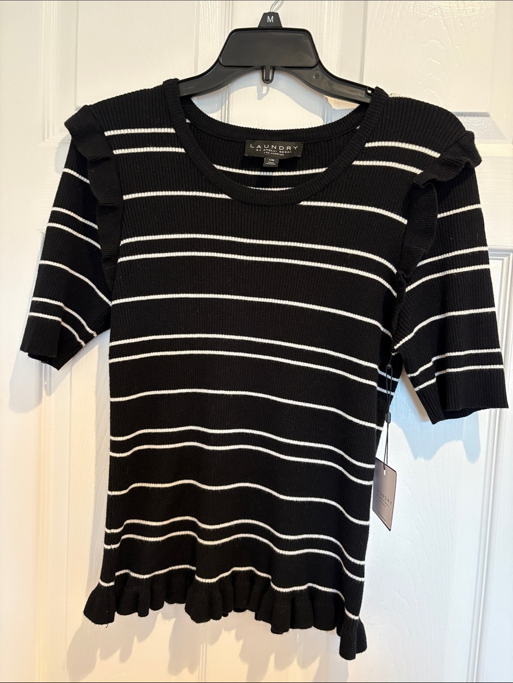 Laundry By Shelli Segal Black and White Striped Short Sleeve Ruffle Hem Top
